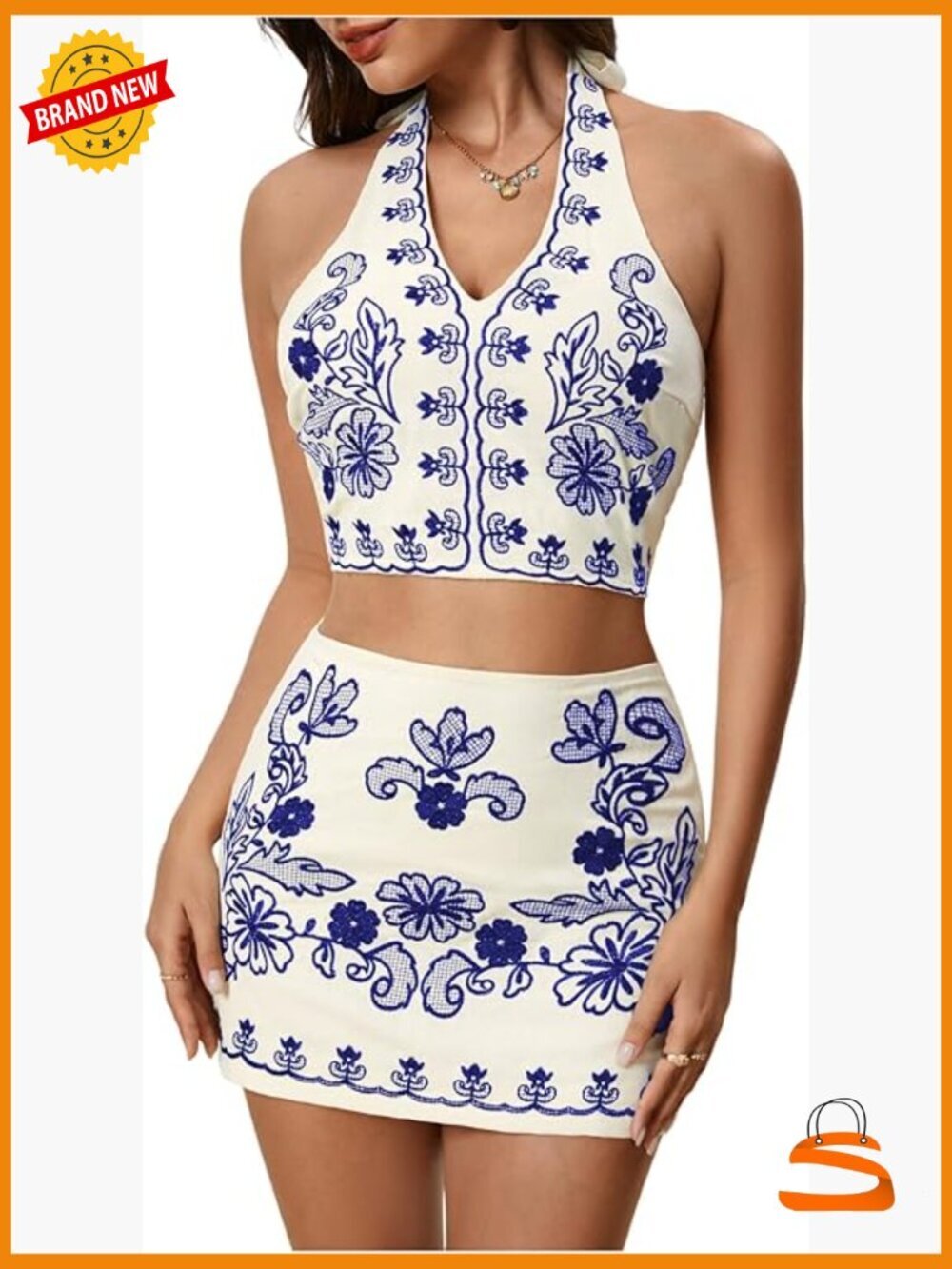 2 Piece Skirt Set Cowboy Chic Halter Linen Vacation Embroidered PULL ON